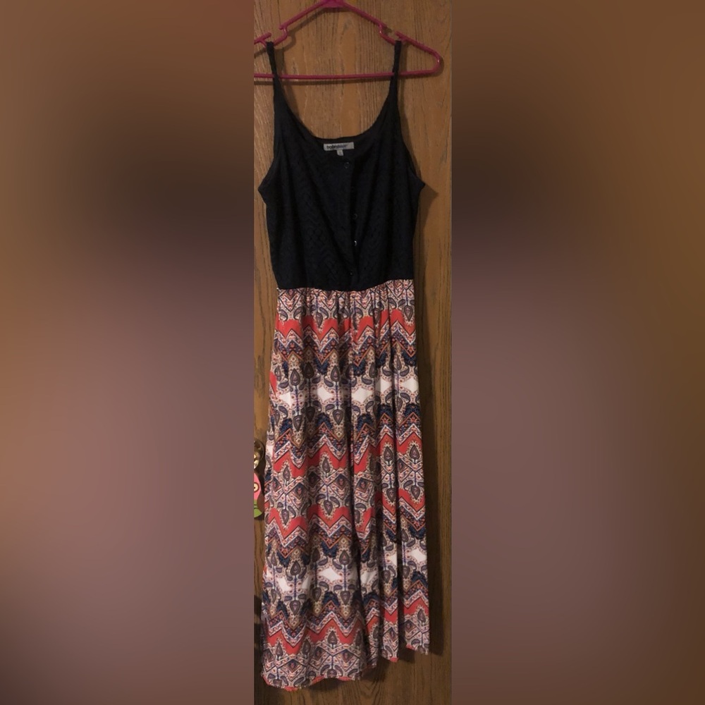 Navy, lacy top with fun Aztec print bottoms. Jumpsuit. Size L